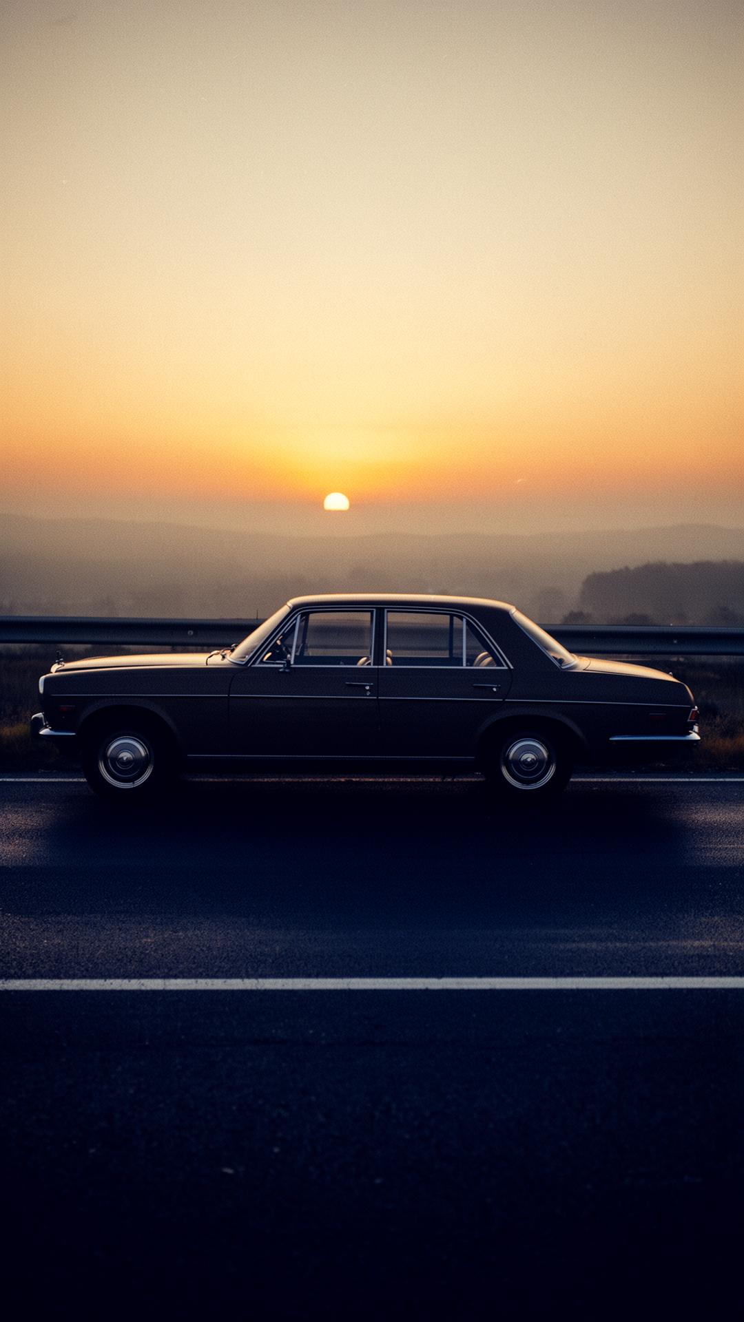 Classic sedan on an open highway at dusk